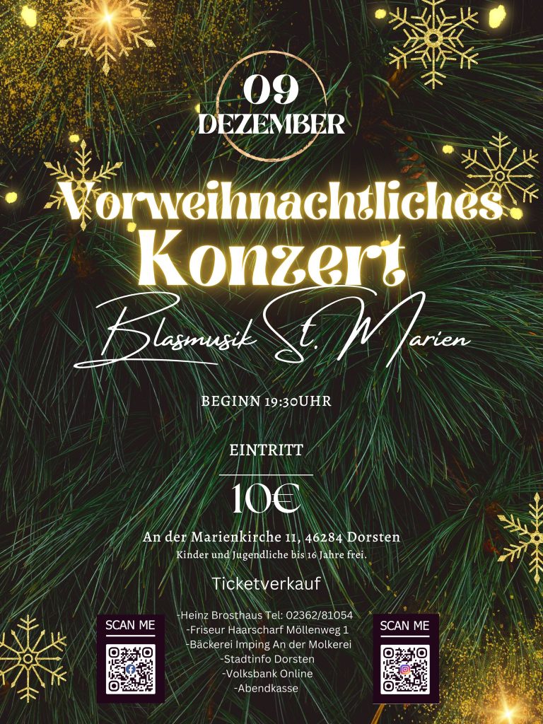 Die Blasmusik St. Marien e.V. veranstaltet am dritten Adventssamstag, 9. Dezember 2023 um 19.30 Uhr wieder das traditionelle vorweihnachtliche Konzert. 