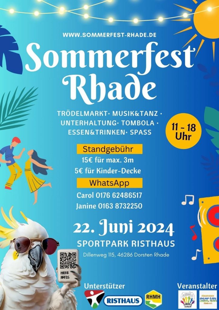 Der Förderverein der Urbanus-Grundschule Rhade und der Förderverein der Kindertagesstätte Stuvenberg Rhade planen ein großes Sommerfest im Risthaus Sportpark.