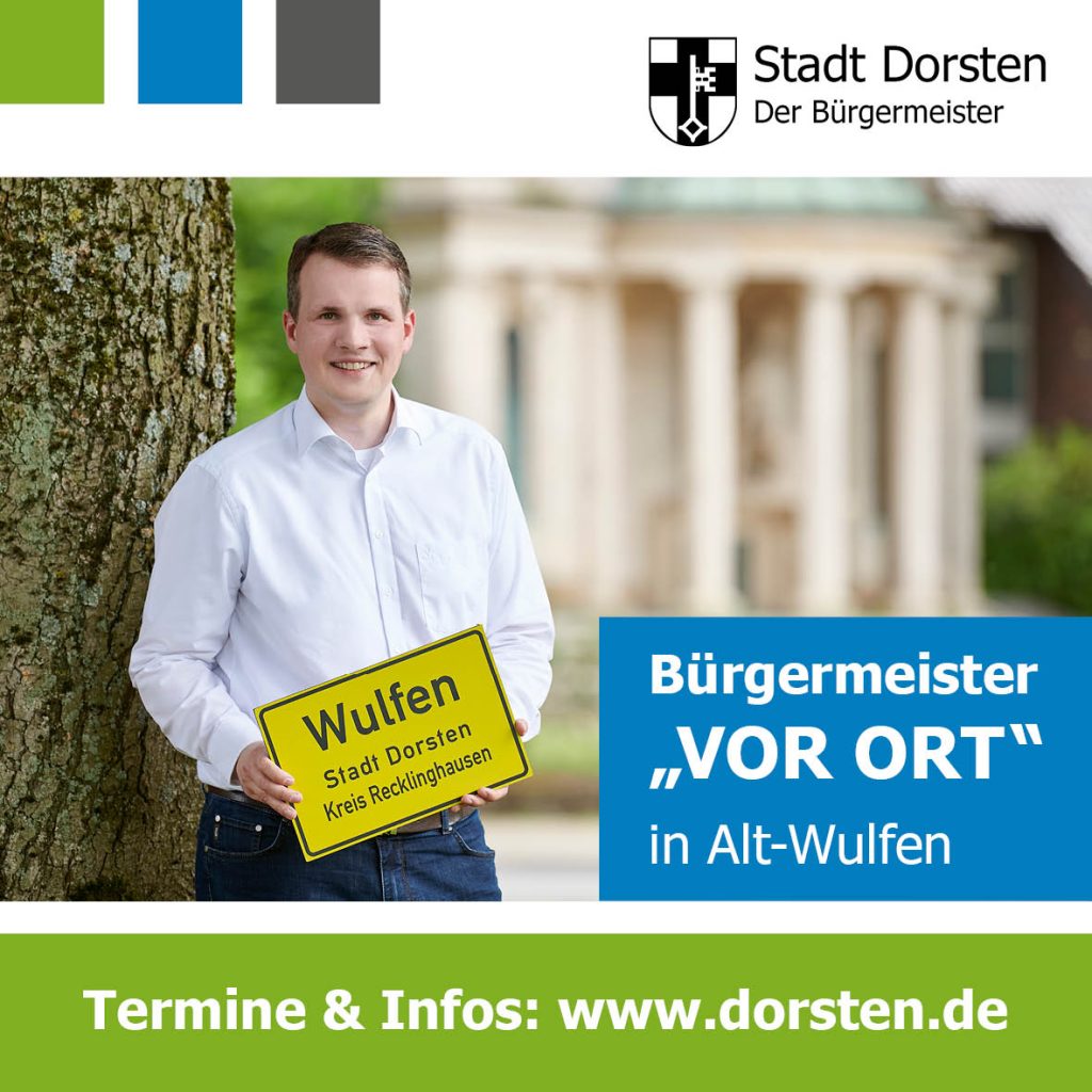 Bürgermeister Tobias Stockhoff bietet am 29. August eine weitere Sprechstunde für Bürgerinnen und Bürger an – diesmal für den Stadtteil Alt-Wulfen im Heimathaus des Heimatvereins.