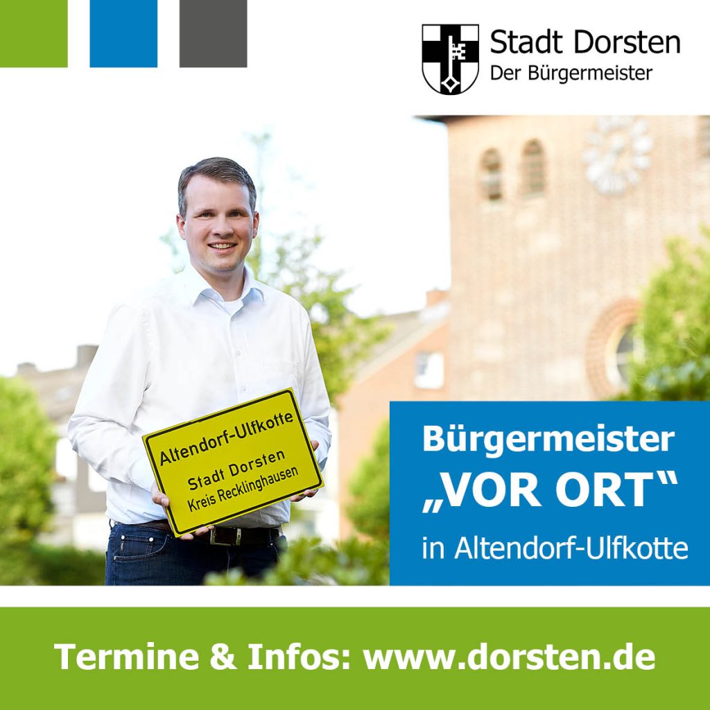 Bürgermeister Tobias Stockhoff bietet am 15. August eine weitere Sprechstunde für Bürgerinnen und Bürger an – diesmal für den Stadtteil Altendorf-Ulfkotte in der Mehrzweckhalle.